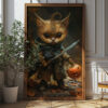 Adorable Halloween Warrior Kitten Art Print - Fantasy Cat Decor