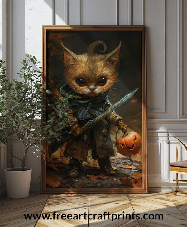 Adorable Halloween Warrior Kitten Art Print - Fantasy Cat Decor