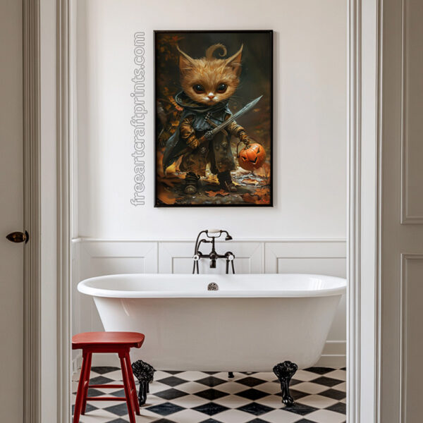 Adorable Halloween Warrior Kitten Art Print - Fantasy Cat Decor