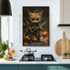 Adorable Halloween Warrior Kitten Art Print - Fantasy Cat Decor