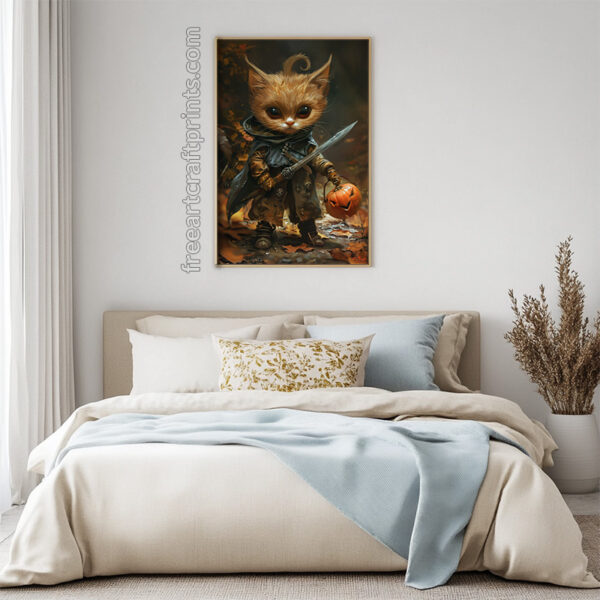 Adorable Halloween Warrior Kitten Art Print - Fantasy Cat Decor