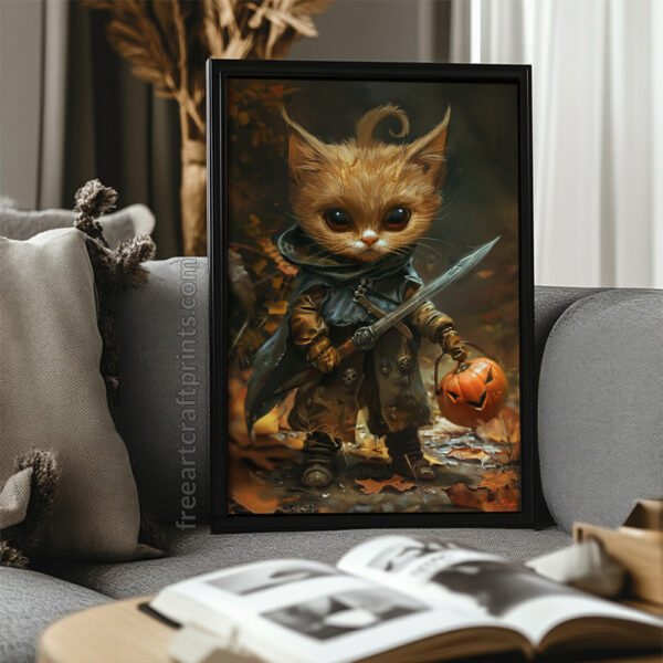 Adorable Halloween Warrior Kitten Art Print - Fantasy Cat Decor