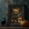 Adorable Halloween Warrior Kitten Art Print - Fantasy Cat Decor