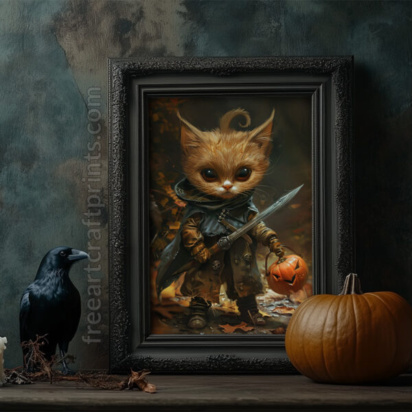 Adorable Halloween Warrior Kitten Art Print - Fantasy Cat Decor