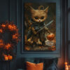 Adorable Halloween Warrior Kitten Art Print - Fantasy Cat Decor