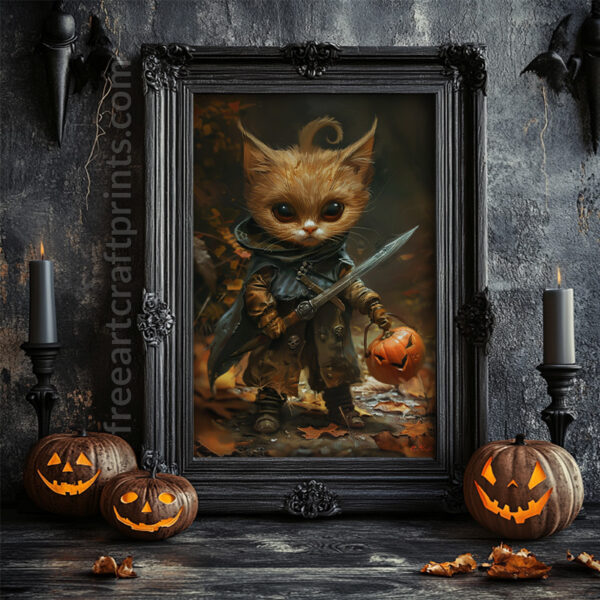 Adorable Halloween Warrior Kitten Art Print - Fantasy Cat Decor