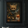 Adorable Halloween Warrior Kitten Art Print - Fantasy Cat Decor