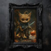 Adorable Halloween Warrior Kitten Art Print - Fantasy Cat Decor