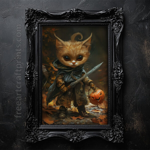 Adorable Halloween Warrior Kitten Art Print - Fantasy Cat Decor