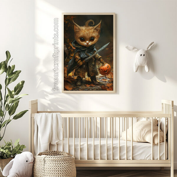 Adorable Halloween Warrior Kitten Art Print - Fantasy Cat Decor