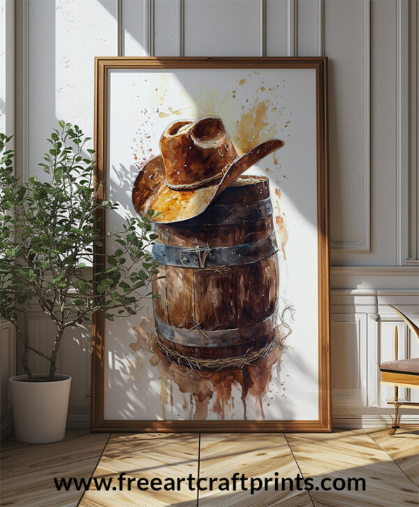 Free Rustic Cowboy Hat On Barrel Watercolour Printable Wall Art