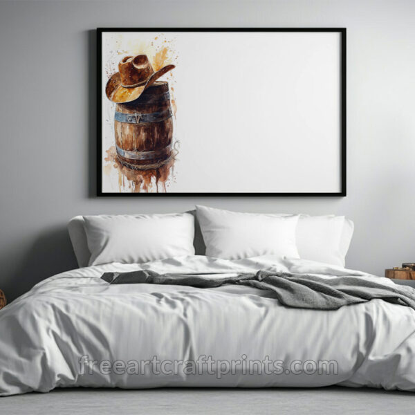 Free Rustic Cowboy Hat On Barrel Watercolour Printable Wall Art