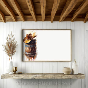 Free Rustic Cowboy Hat On Barrel Watercolour Printable Wall Art