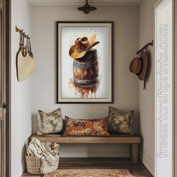 Free Rustic Cowboy Hat On Barrel Watercolour Printable Wall Art