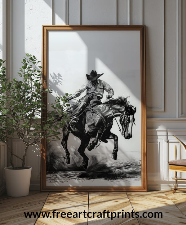 Free Black And White Cowboy Riding Horse Printable Wall Art (portrait)