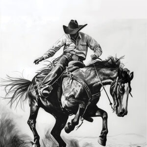 Free Black And White Cowboy Riding Horse Printable Wall Art (portrait)