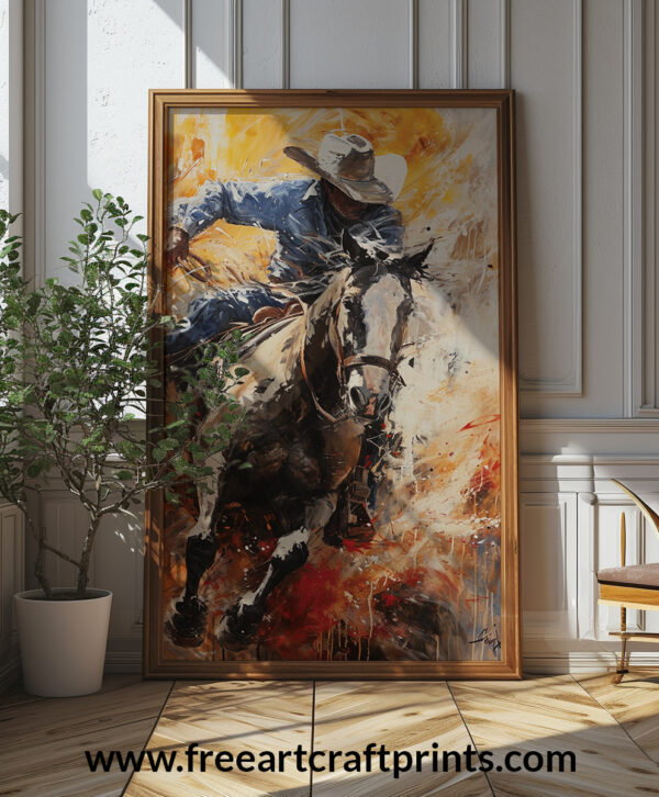 Free Dynamic Cowboy Riding Horse Action Printable Wall Art (portrait)