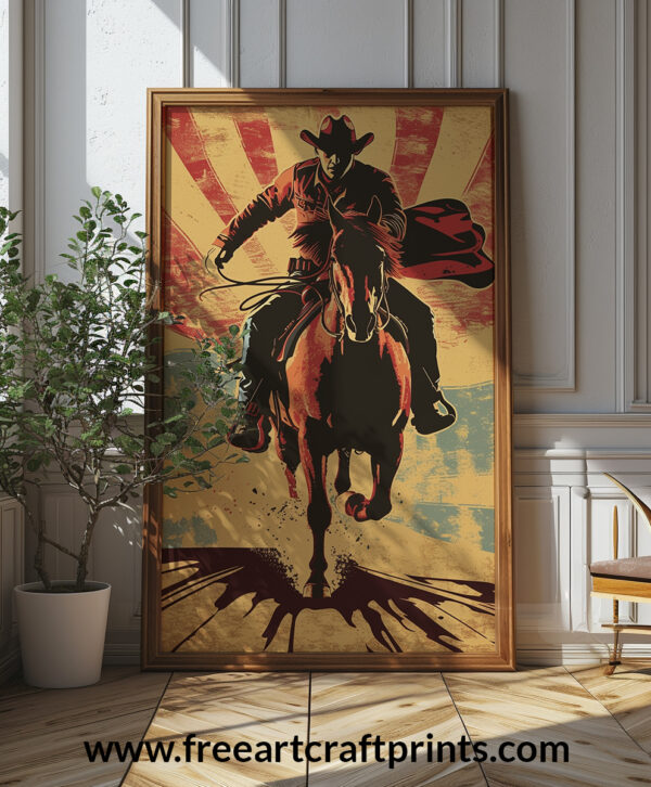 Free Retro Cowboy Action Scene Printable Wall Art (portrait)