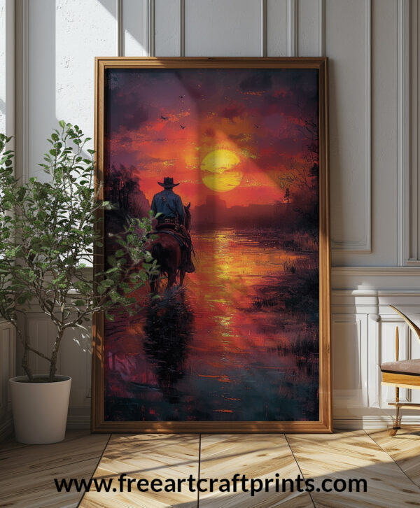 Free Cowboy Sunset River Ride Printable Wall Art (portrait)