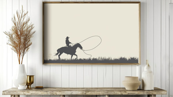 Cowboy Silhouette With Lasso Minimalist Printable Wall Art (landscape)