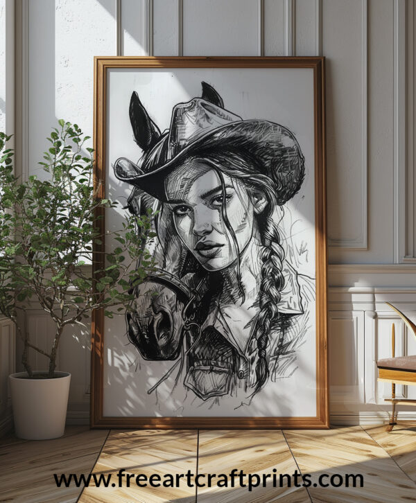 Cowgirl And Horse Sketch Printable Wall Art (portrait)