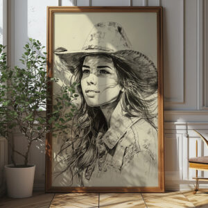 Cowgirl And Horse Sketch Printable Wall Art (portrait)