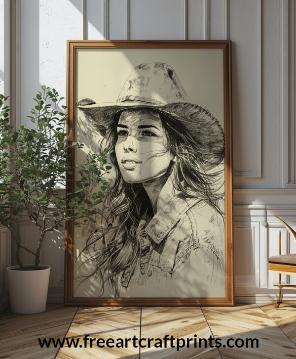 Cowgirl And Horse Sketch Printable Wall Art (portrait)