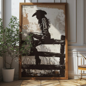 Cowgirl On Fence Silhouette Art Poster (portrait)