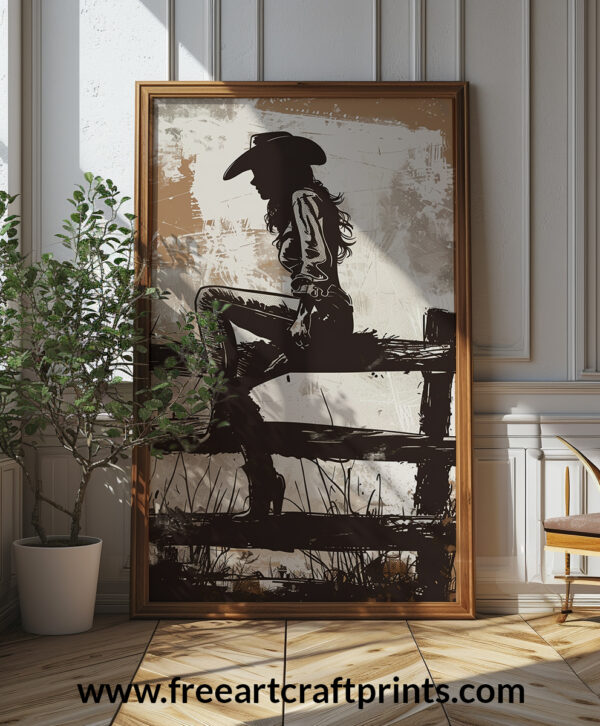 Cowgirl On Fence Silhouette Art Poster (portrait)