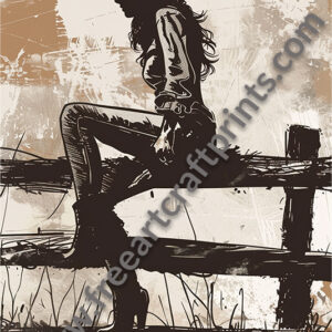 Cowgirl On Fence Silhouette Art Poster (portrait)