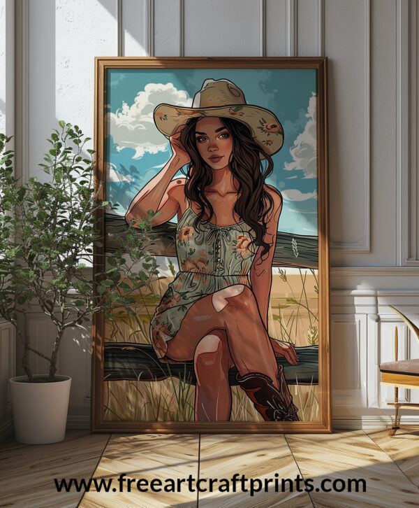 Cowgirl On Fence Art Poster (portrait)