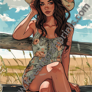 Cowgirl On Fence Art Poster (portrait)