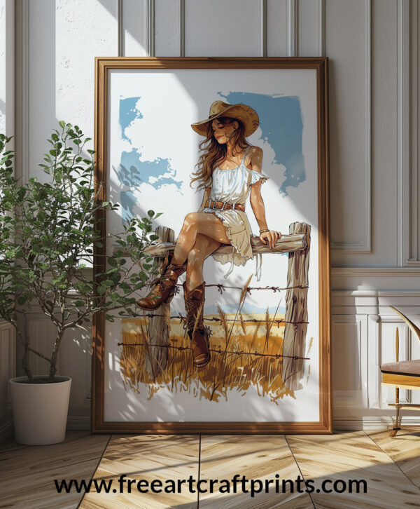 Cowgirl On Fence Art Poster (portrait)