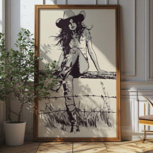 Cowgirl On Fence Vintage Art Poster