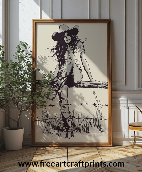 Cowgirl On Fence Vintage Art Poster