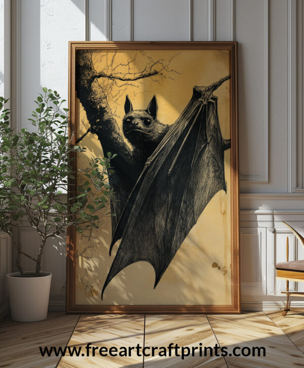 Vintage Gothic Bat Illustration Art Print - Creepy Halloween Decor (300 Dpi, 24x36 Inches)