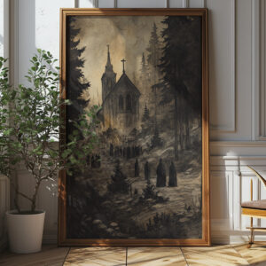 Eerie Gothic Church Gathering - High-resolution Halloween Art Poster (300 Dpi, 24x36 Inches)