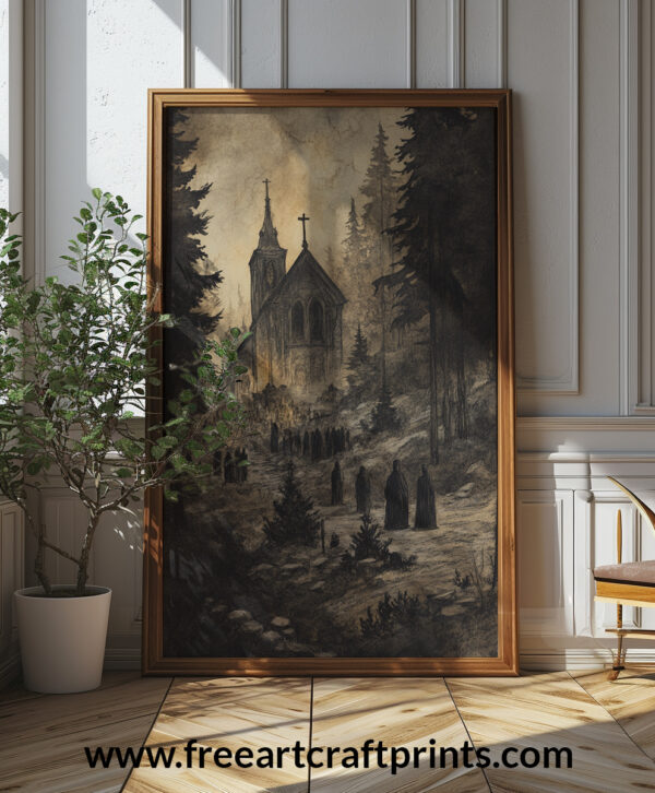 Eerie Gothic Church Gathering - High-resolution Halloween Art Poster (300 Dpi, 24x36 Inches)