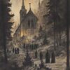 Vintage Gothic Church Illustration Art Print - Creepy Halloween Decor (300 Dpi, 24x36 Inches)