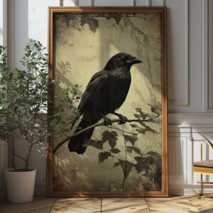 Vintage Gothic Raven Illustration Art Print - Creepy Halloween Decor (300 Dpi, 24x36 Inches)