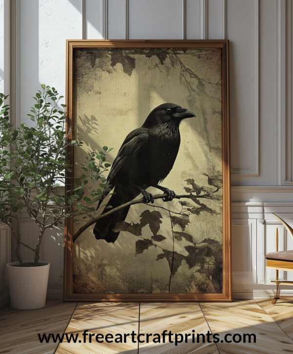 Vintage Gothic Raven Illustration Art Print - Creepy Halloween Decor (300 Dpi, 24x36 Inches)