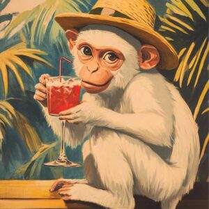 Cute Monkey Cocktail Wall Art - Tropical And Playful Poster Design (high-resolution, 300 Dpi, 24x36 Inches)