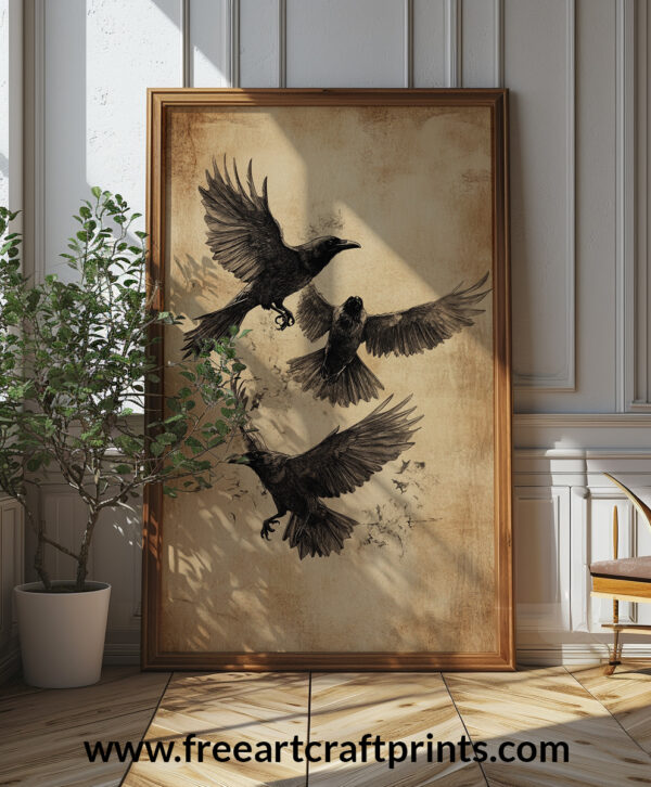 Vintage Gothic Crow Illustration Art Print - Flying Ravens Halloween Decor (300 Dpi, 24x36 Inches)