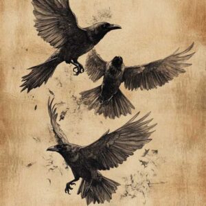 Vintage Gothic Crow Illustration Art Print - Flying Ravens Halloween Decor (300 Dpi, 24x36 Inches)