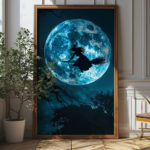 Spooky Halloween Witch Silhouette Art Print - Full Moon Night (300 Dpi, 24x36 Inches)