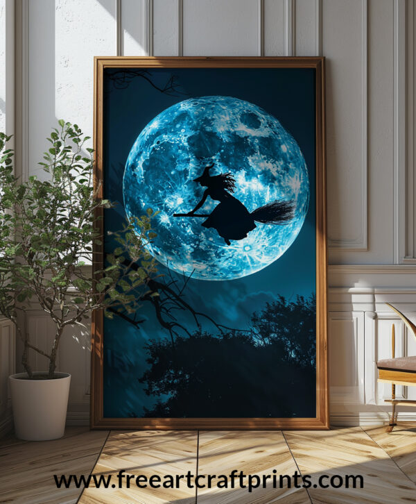 Spooky Halloween Witch Silhouette Art Print - Full Moon Night (300 Dpi, 24x36 Inches)