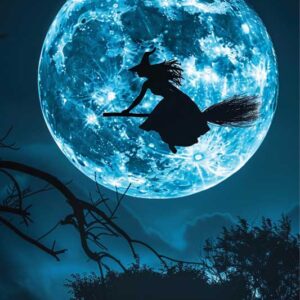 Spooky Halloween Witch Silhouette Art Print - Full Moon Night (300 Dpi, 24x36 Inches)