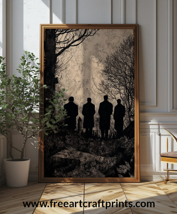 Gothic Funeral Silhouette Art Print - Dark And Mysterious Cemetery Scene (300 Dpi, 24x36 Inches)