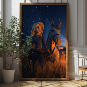 Girl And Horse Under Starry Night Poster