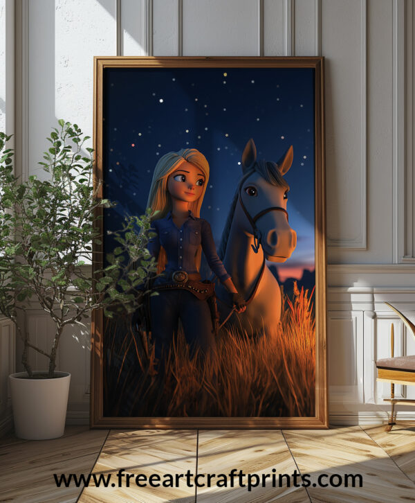 Girl And Horse Under Starry Night Poster